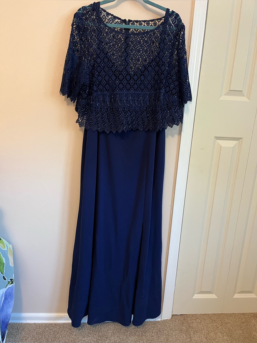 Adrianna Papell Navy Lace-Trim Evening Dress